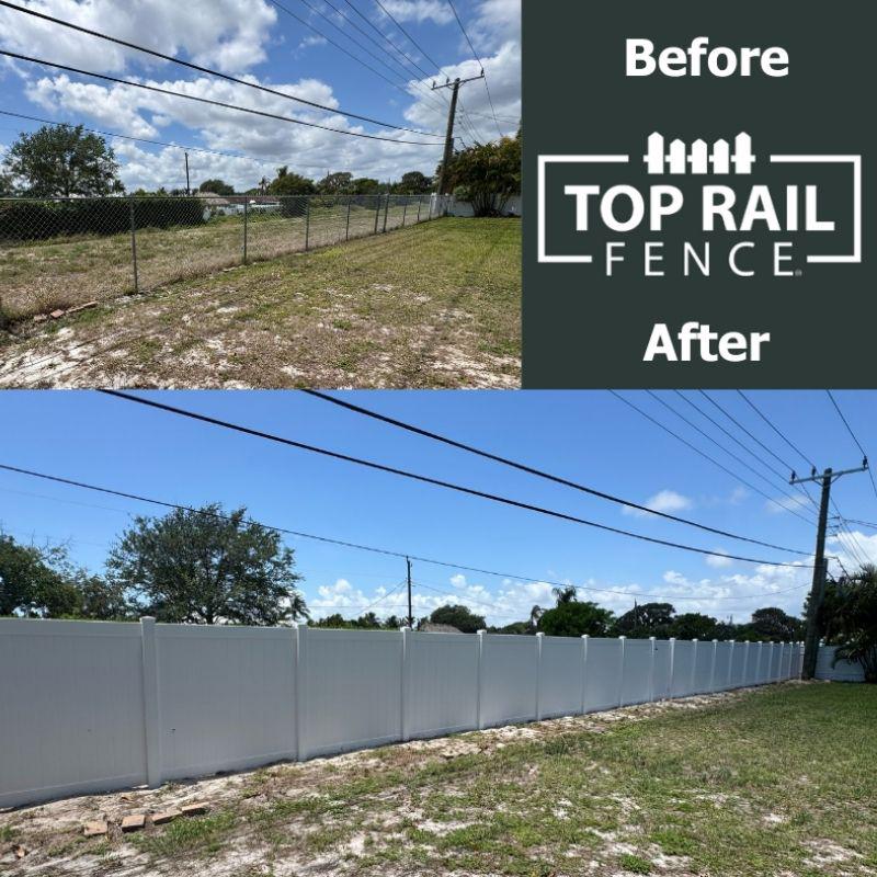 white privacy vinyl fence installed by Top Rail Fence