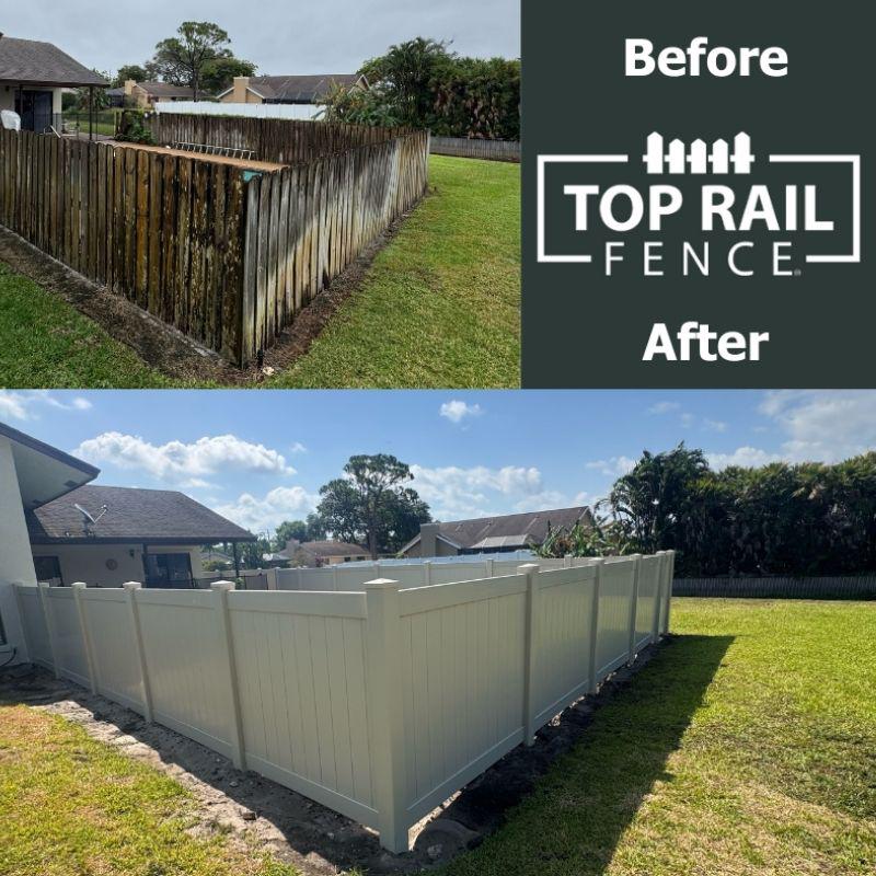 tan privacy fence installed by Top Rail Fence