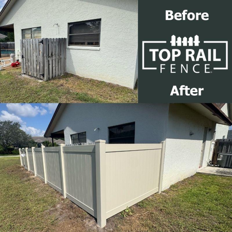 tan privacy fence installed by Top Rail Fence