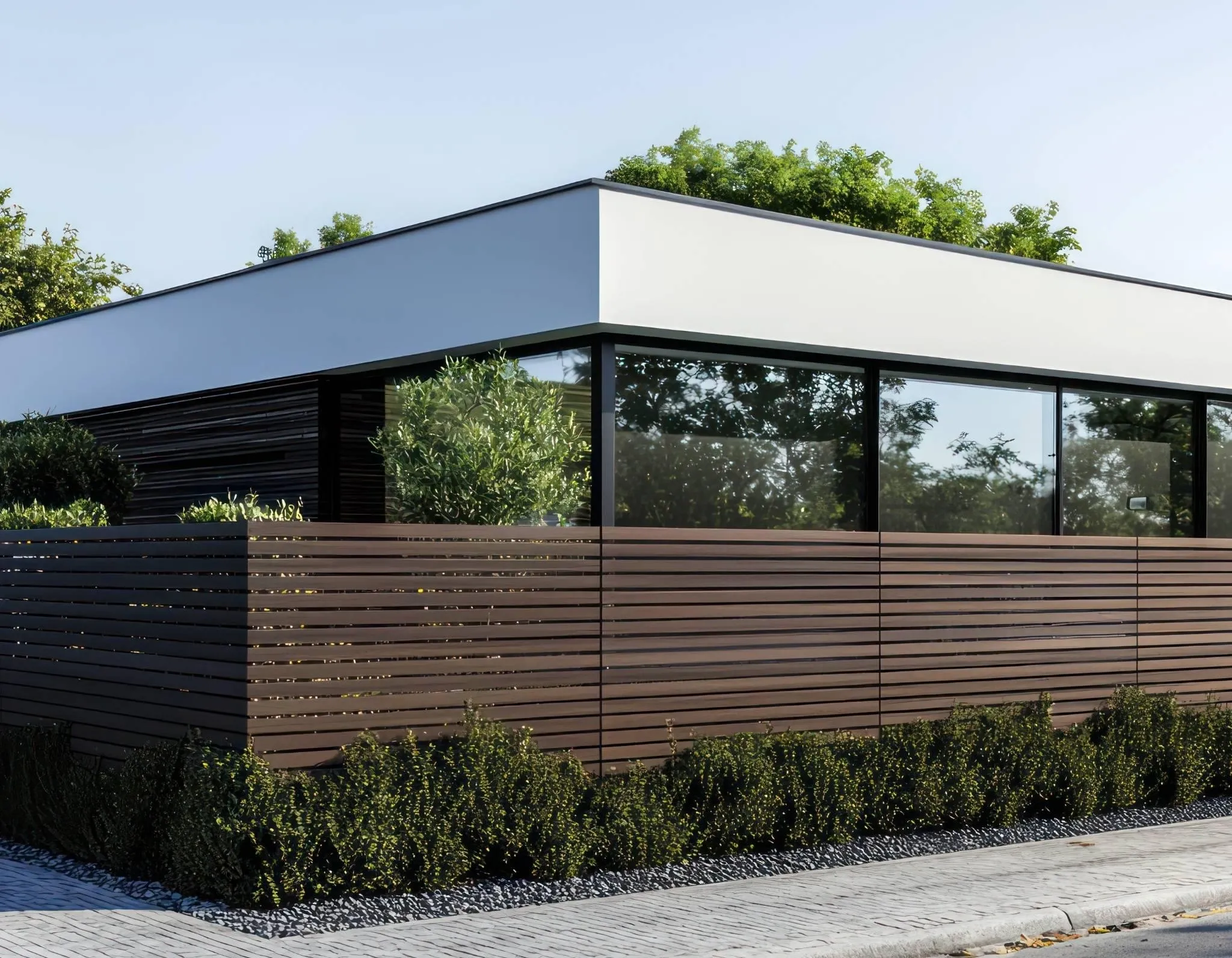 horizontal wood fence around a business