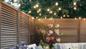 Wood louvered fence around a nice patio area