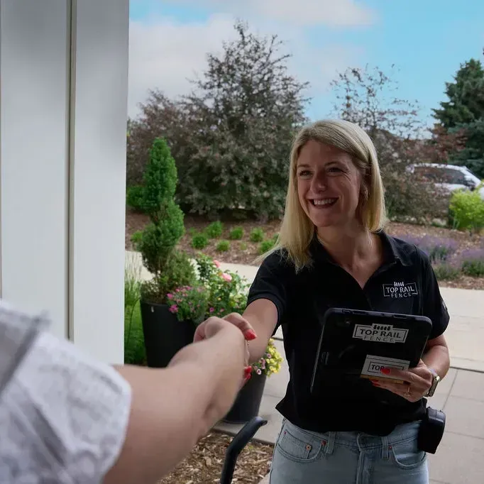 Employee shaking hands with client.