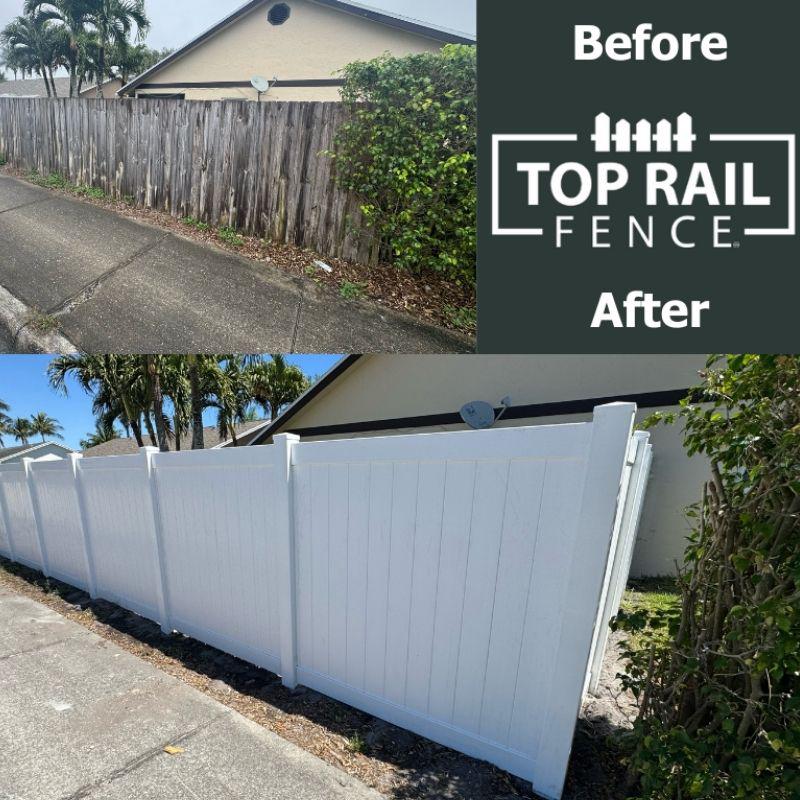 before and after of a white vinyl fence installed by Top Rail Fence
