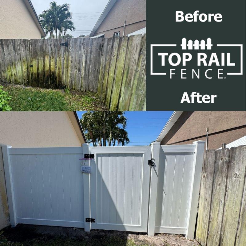 before and after of a white vinyl fence and gate installed by Top Rail Fence