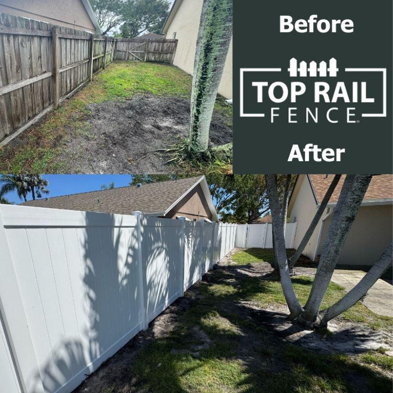 before and after of a white vinyl fence installed by Top Rail Fence