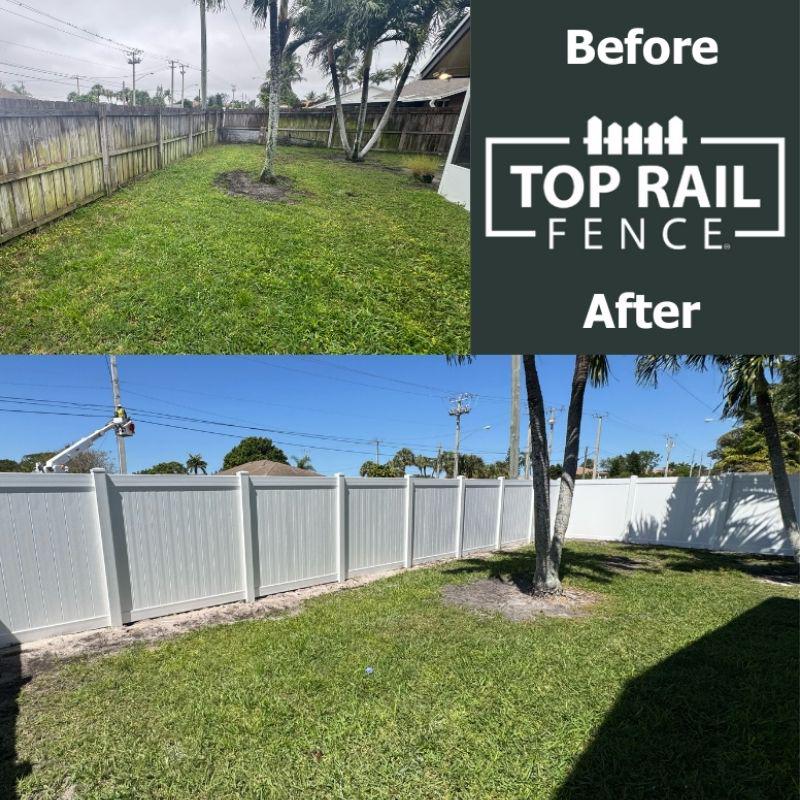before and after of a white vinyl fence installed by Top Rail Fence