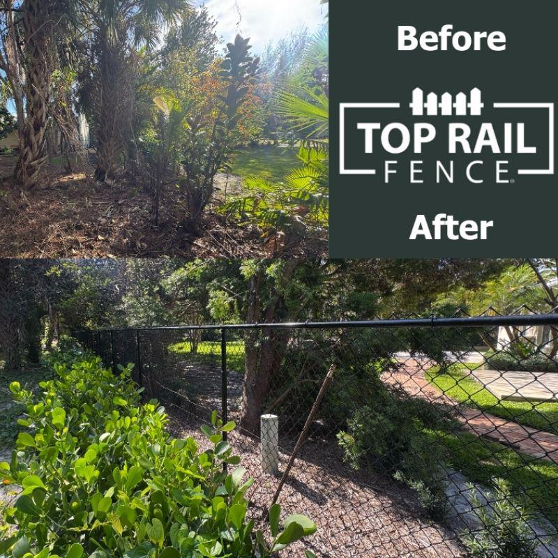 Before and after of a Chain link fence installation by Top Rail Fence