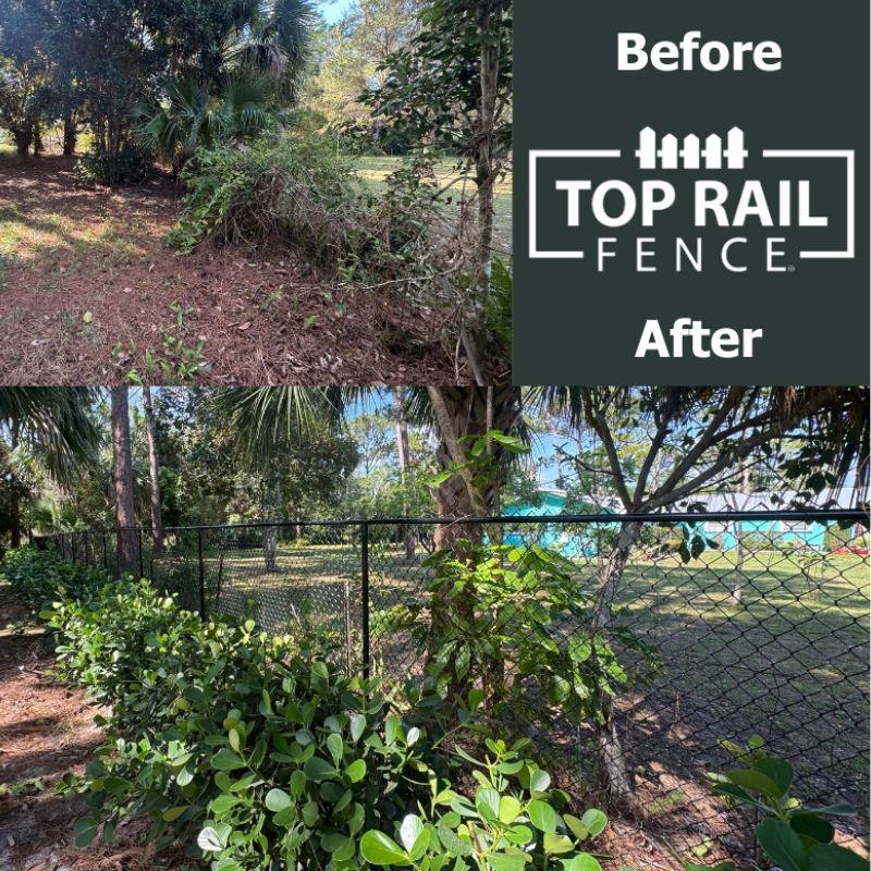 Before and after of a Chain link fence installation by Top Rail Fence