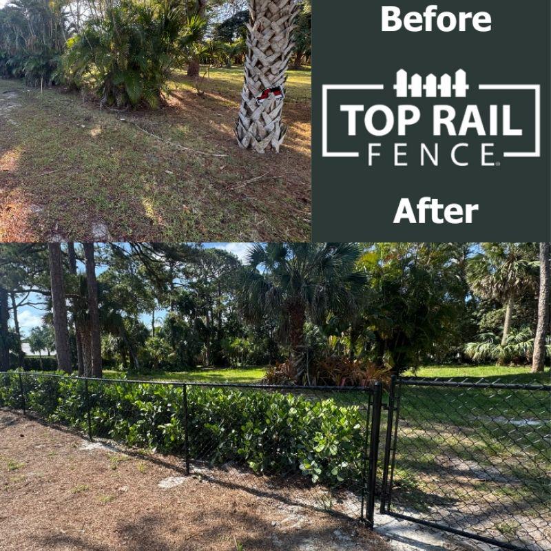 Before and after of a Chain link fence installation by Top Rail Fence