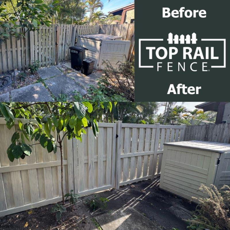 Before and after Shadowbox Vinyl Fence Installation by Top Rail Fence
