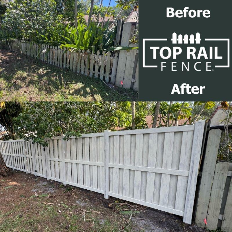 Before and after Shadowbox Vinyl Fence Installation by Top Rail Fence