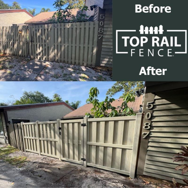 Before and after Shadowbox Vinyl Fence Installation by Top Rail Fence