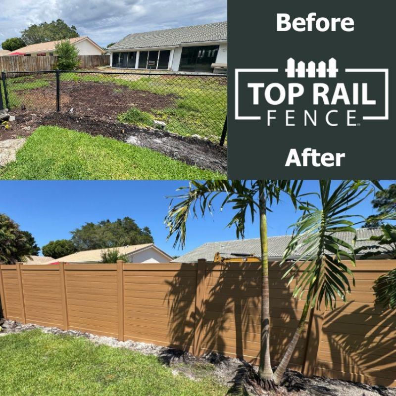 Before and After of a Horizontal Cypress Vinyl Fence Installation by Top Rail Fence