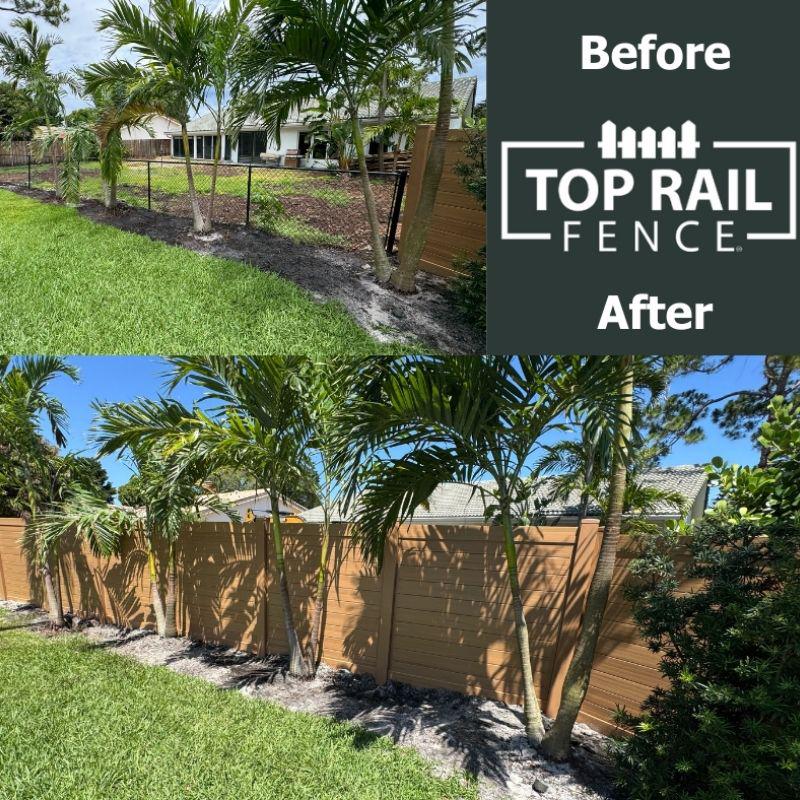 Before and After of a Horizontal Cypress Vinyl Fence Installation by Top Rail Fence