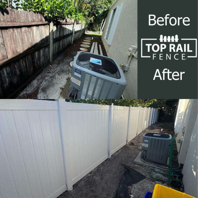 Before and after image of a vinyl fence replacement