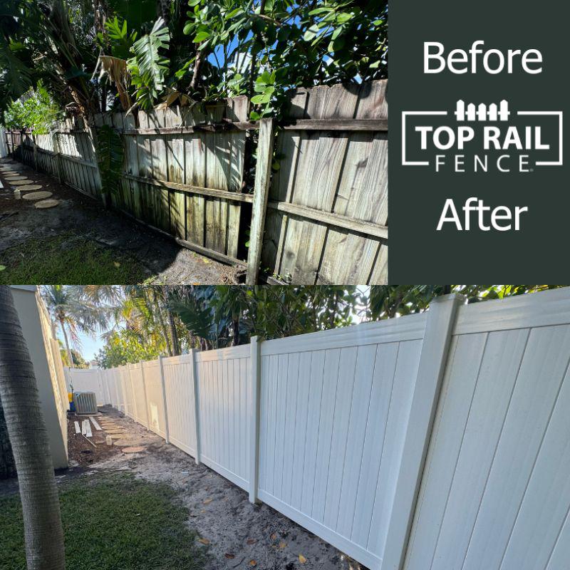 Before and after image of a vinyl fence replacement