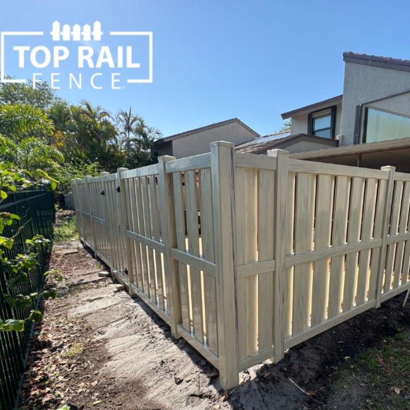 Woodgrain Tan Shadowbox Vinyl Fence Installation by Top Rail Fence