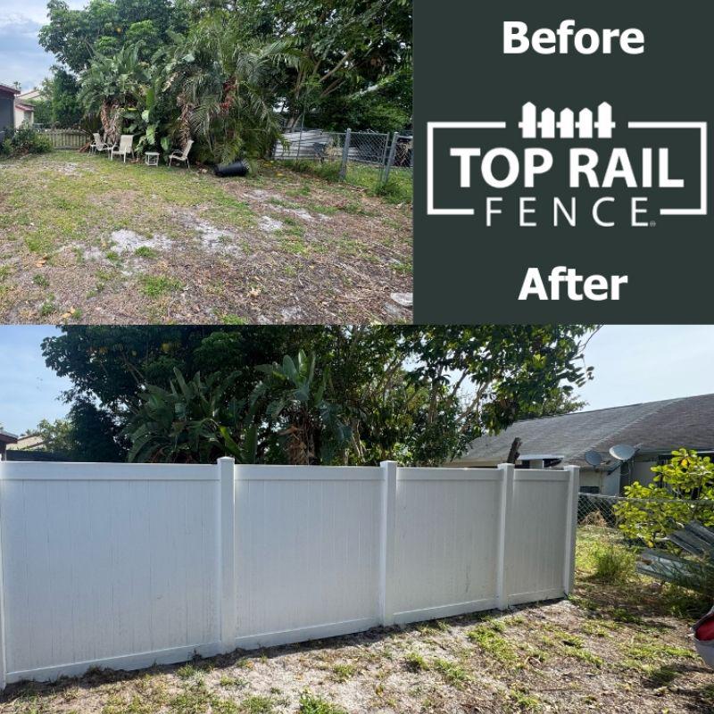 Before and after of a Vinyl Privacy Fence Installation by Top Rail Fence