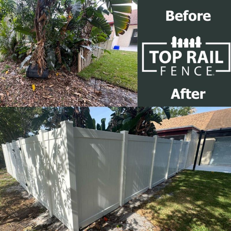 Before and after of a Vinyl Privacy Fence Installation by Top Rail Fence