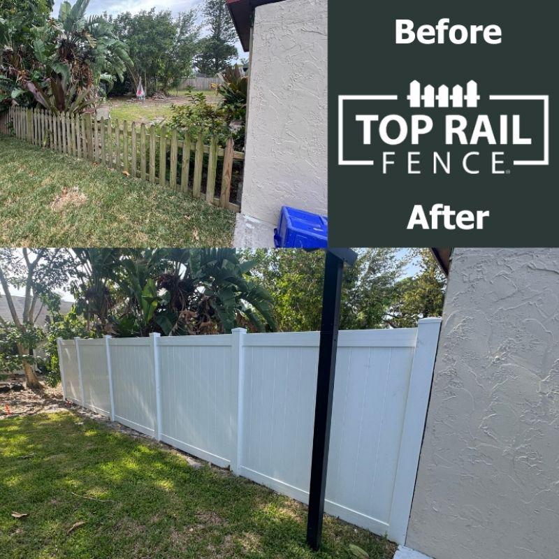 Before and after of a Vinyl Privacy Fence Installation by Top Rail Fence