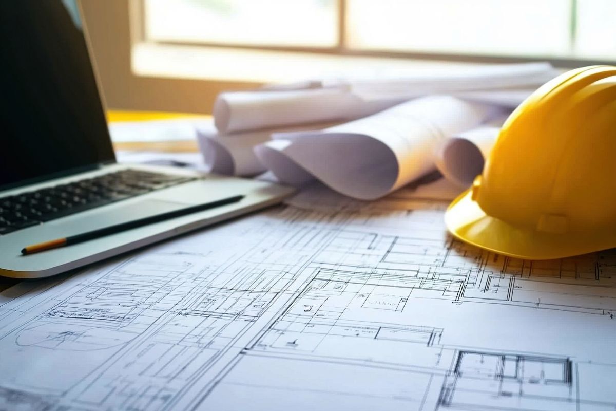 laptop with blueprint and construction hat in front on table