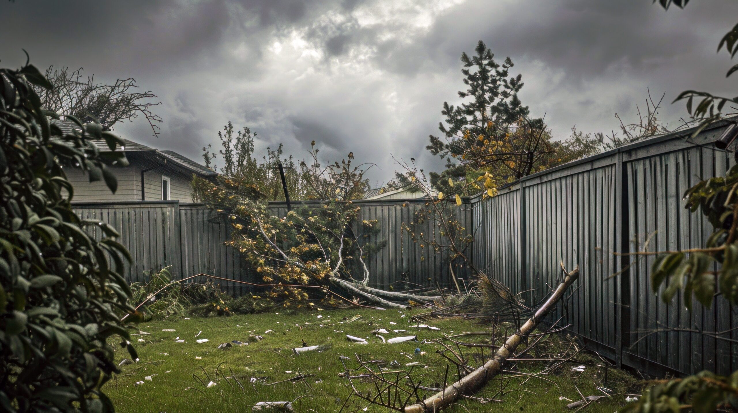 A dark, gloomy view of a storm-damaged yard with fallen trees and debris against a grey, cloudy sky.