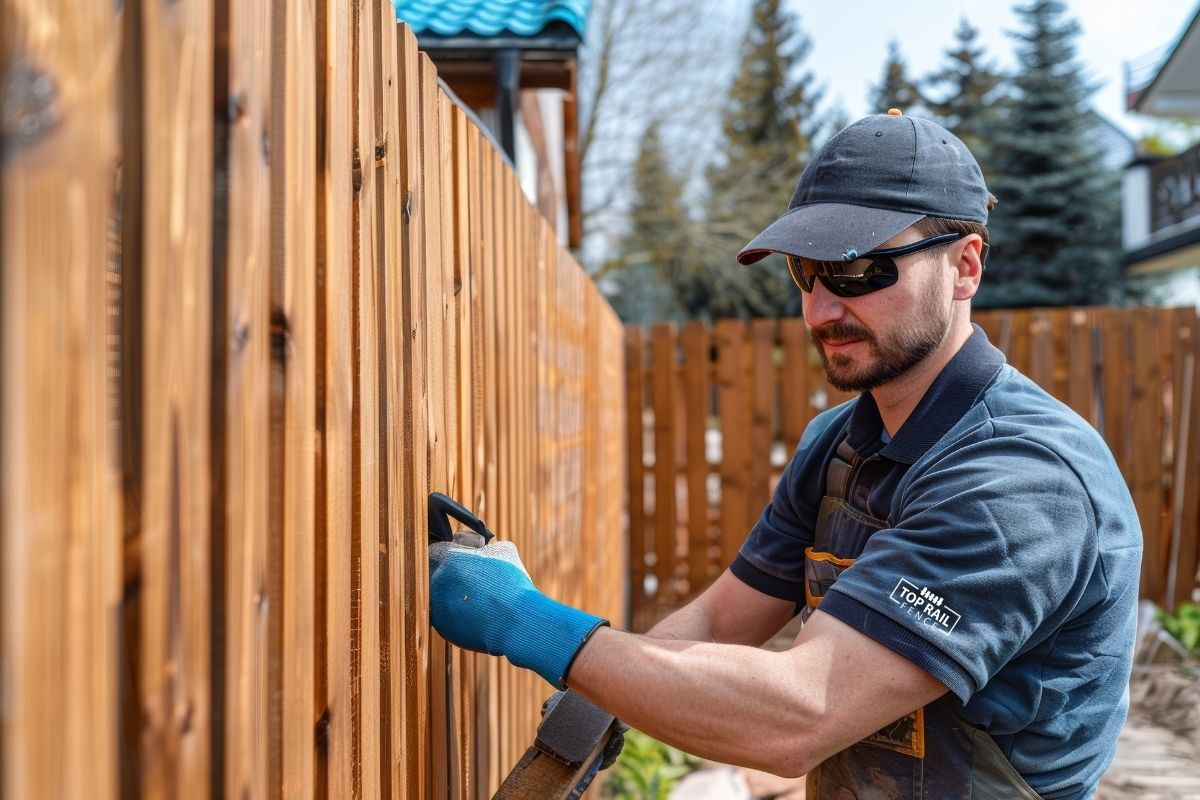 Man repairing a fence panel on an existing fence