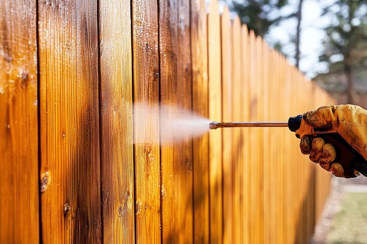 A fence being stained with a sprayer