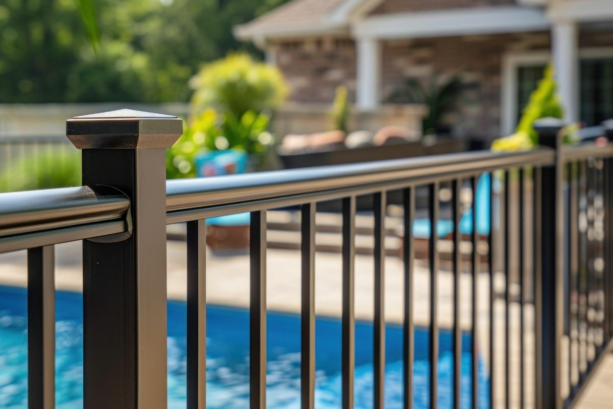 Close up of a ornamental metal fence around a pool