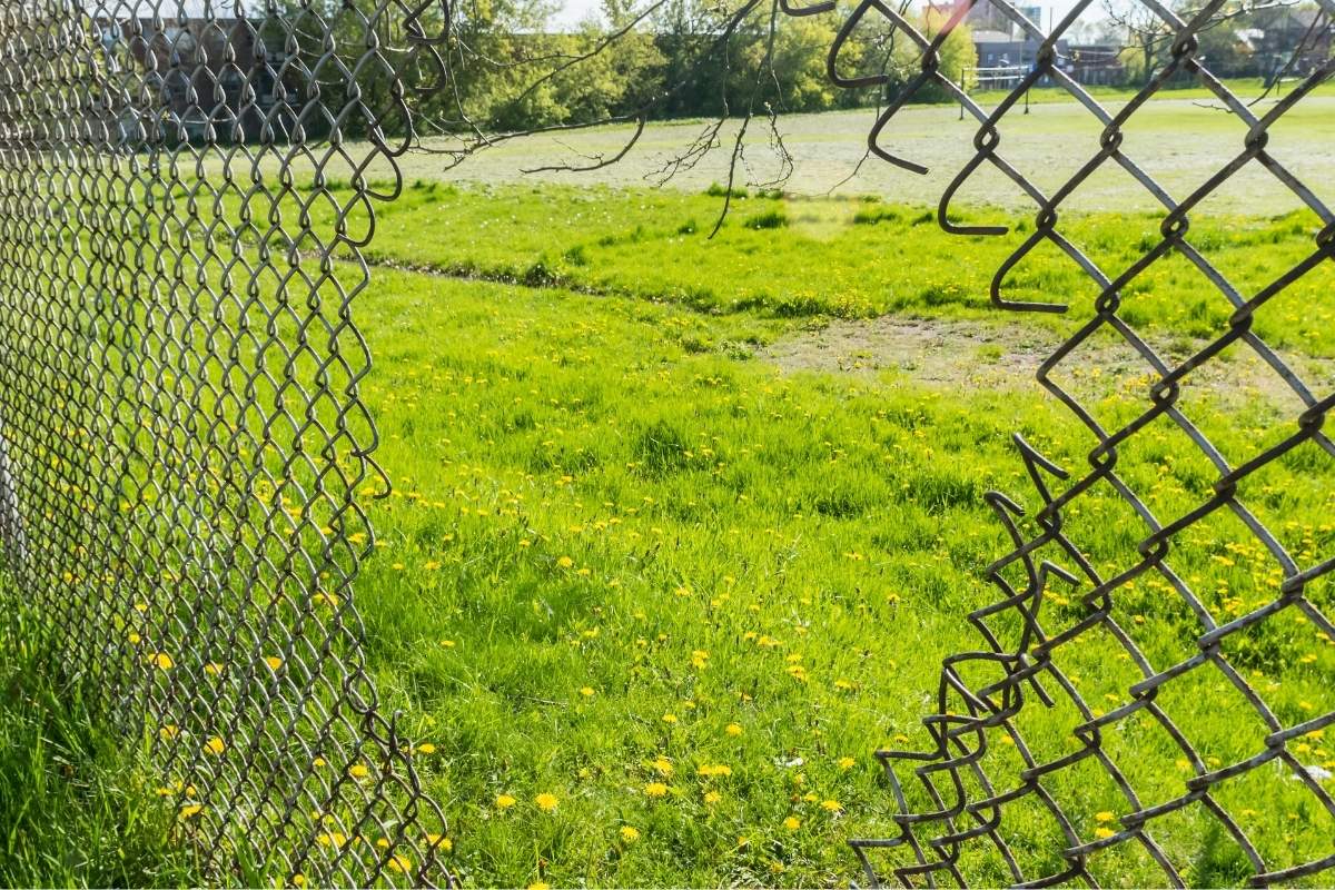 Chain link fence with a large cut hole through it