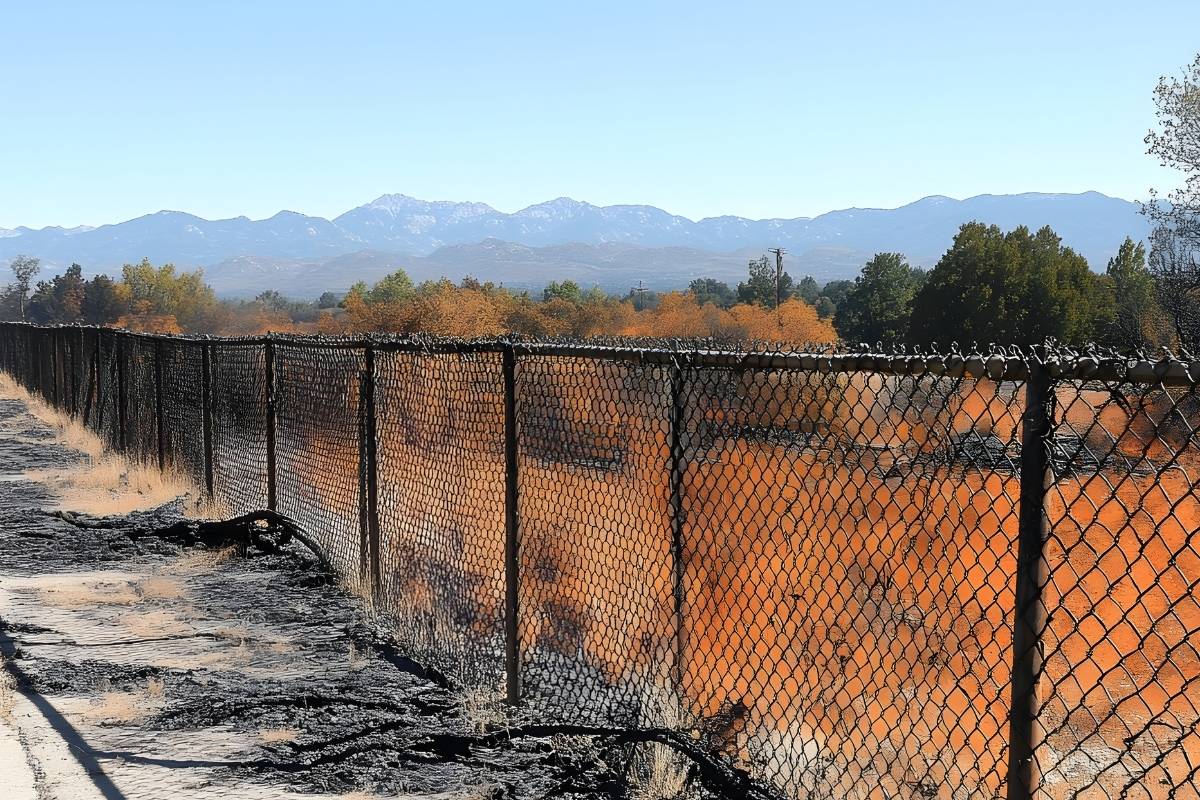 wildfire around a black chain link fence