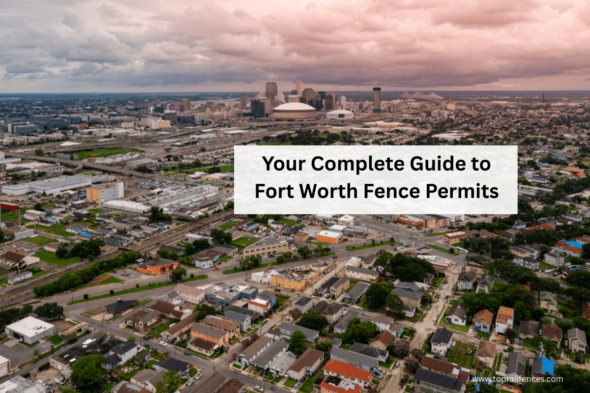 Overhead view of Fort Worth text with overlay text that talks about fence permitting in Fort Worth
