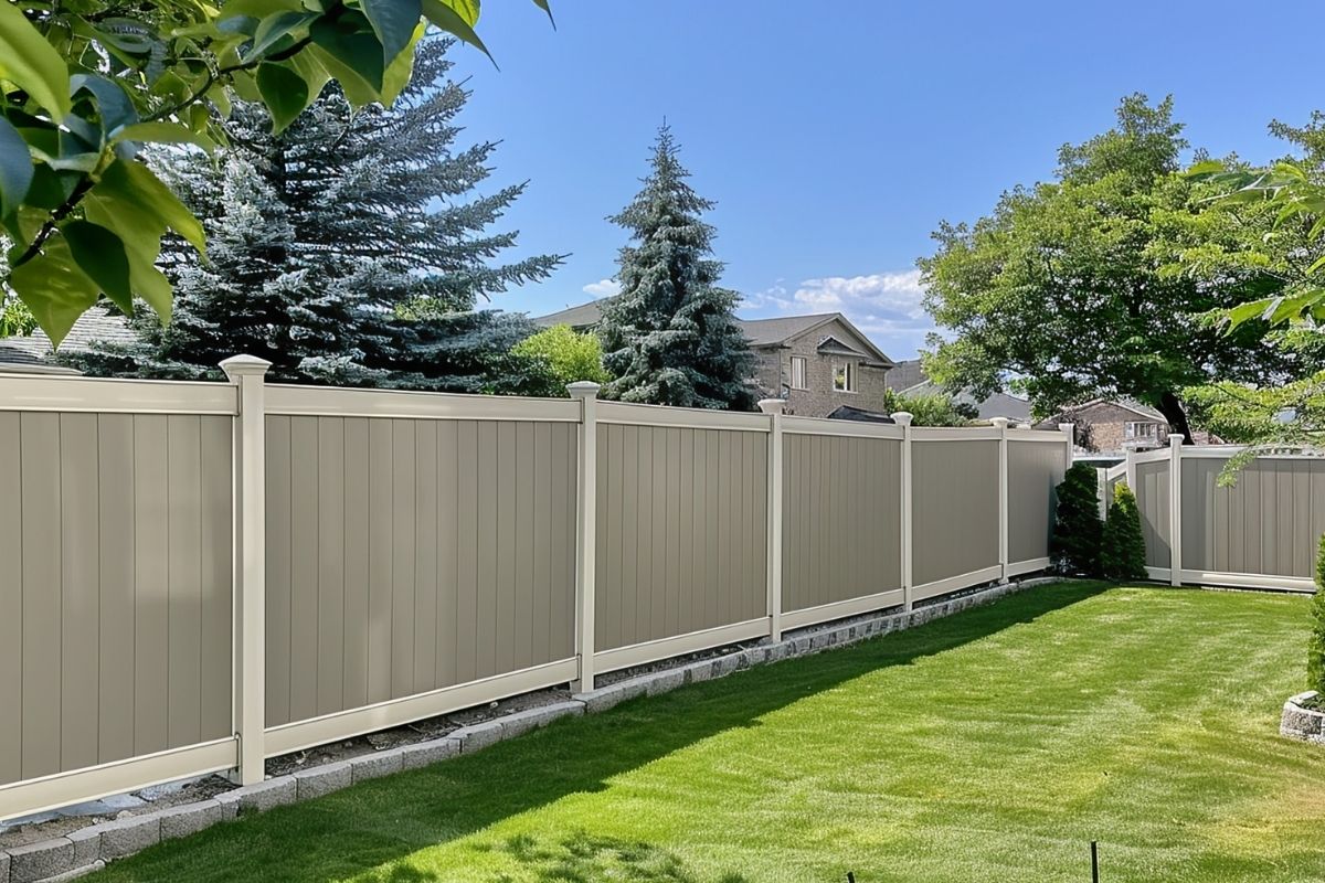 Two tone vinyl fence in a backyard