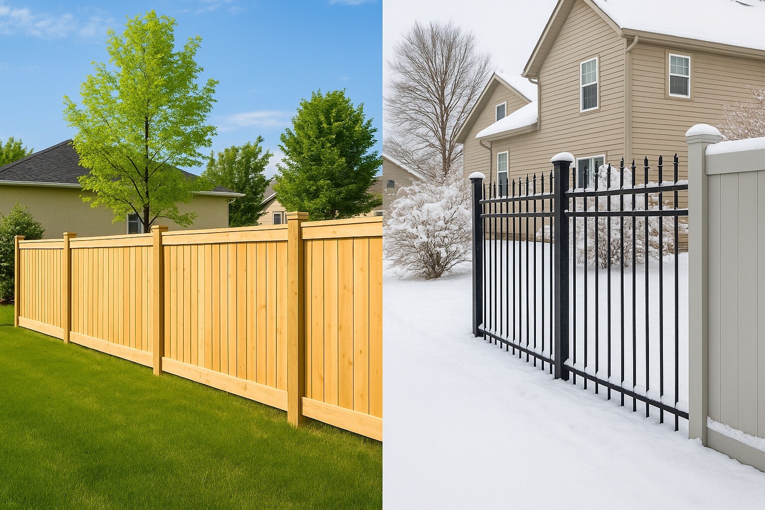 Wood fence during the summer next to a metal ornamental fence during the winter