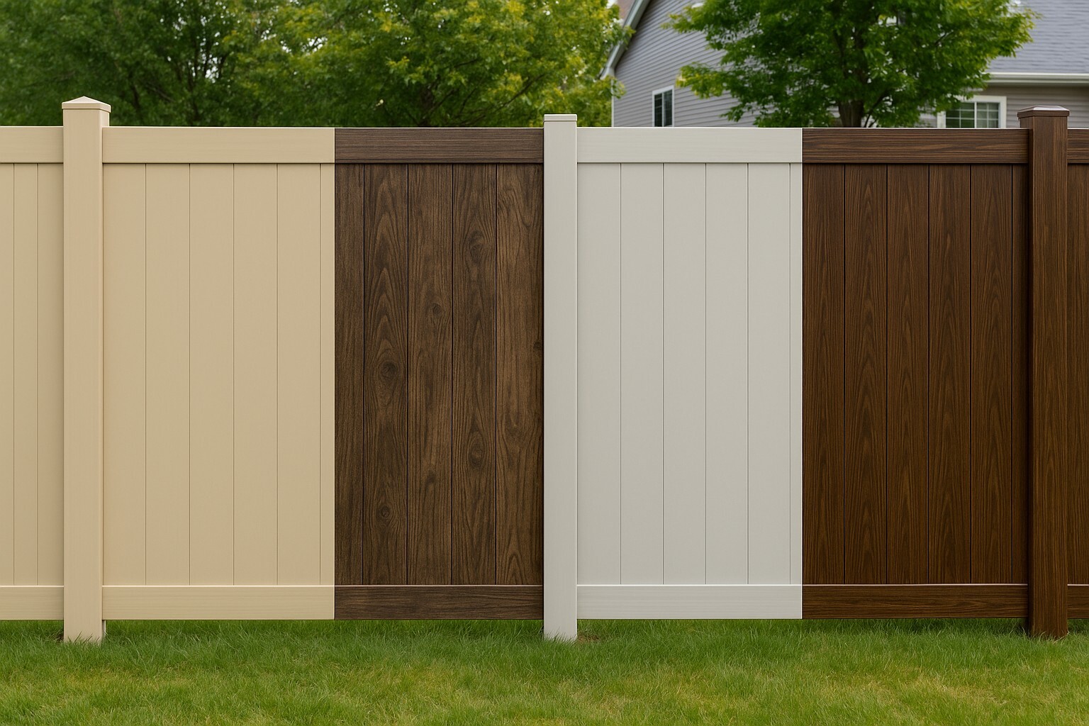 A vinyl fence showing different colors and textures available