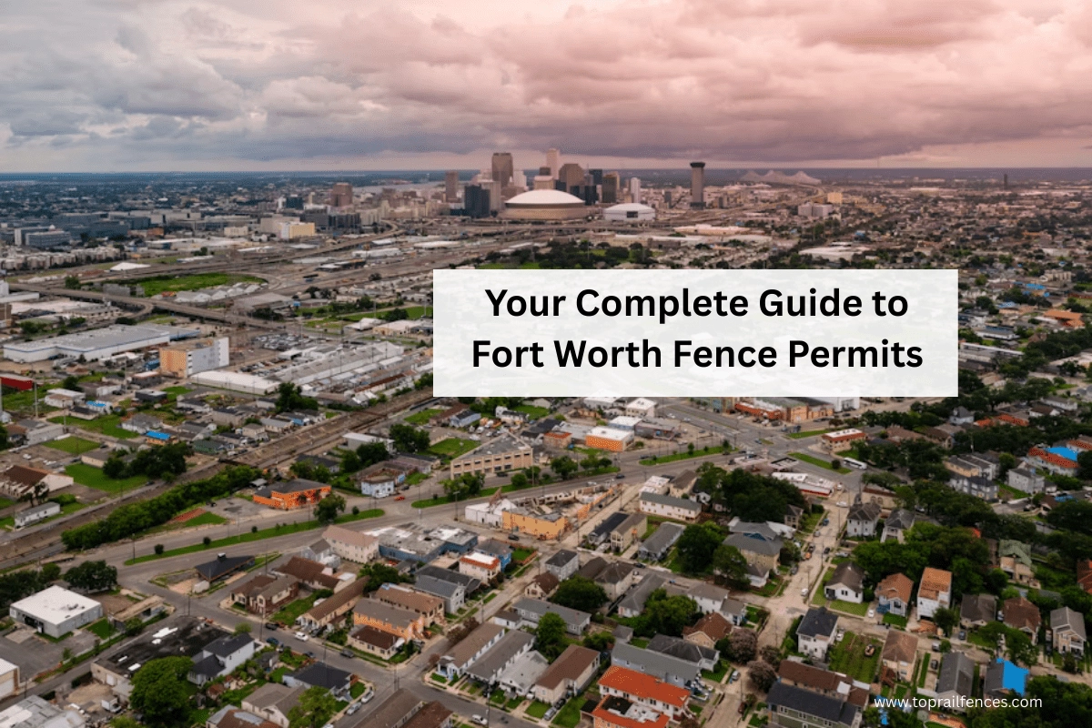 Overhead view of Fort Worth text with overlay text that talks about fence permitting in Fort Worth