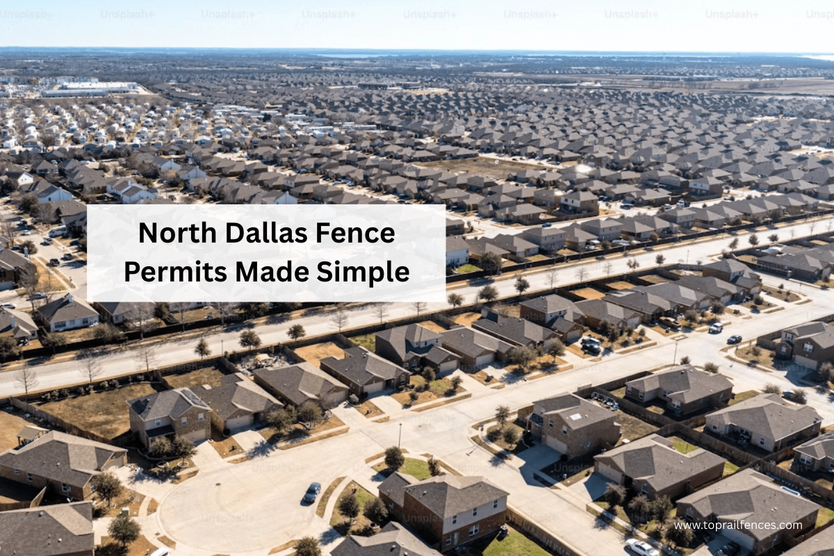 Overview shot of neighborhood of homes in a residential area with overlay text that talks about North Dallas Fence Permitting