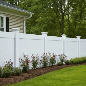 Vinyl fence with landscaping on side of home