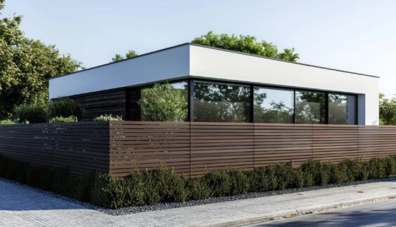 A sleek, minimalist wooden fence around a modern business
