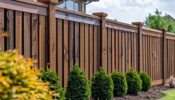 Wood privacy fence with cap and trim and landscaping around it