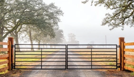 Steel gate entryway for a large farm/agricultural property
