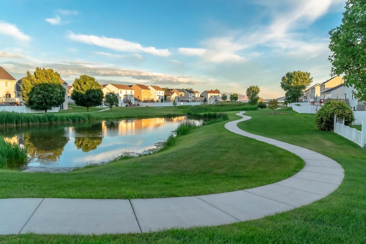 HOA community with a pond between homes