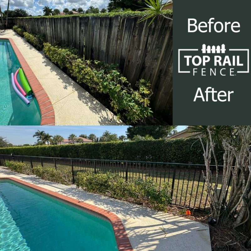 Before and after image of an aluminum fence installation job