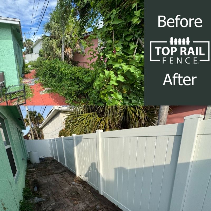 Before and after of a vinyl fence installation