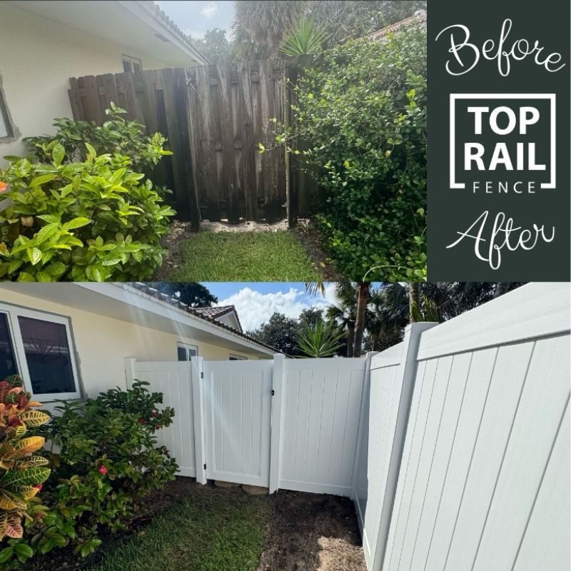 Before and after of a vinyl fence installation