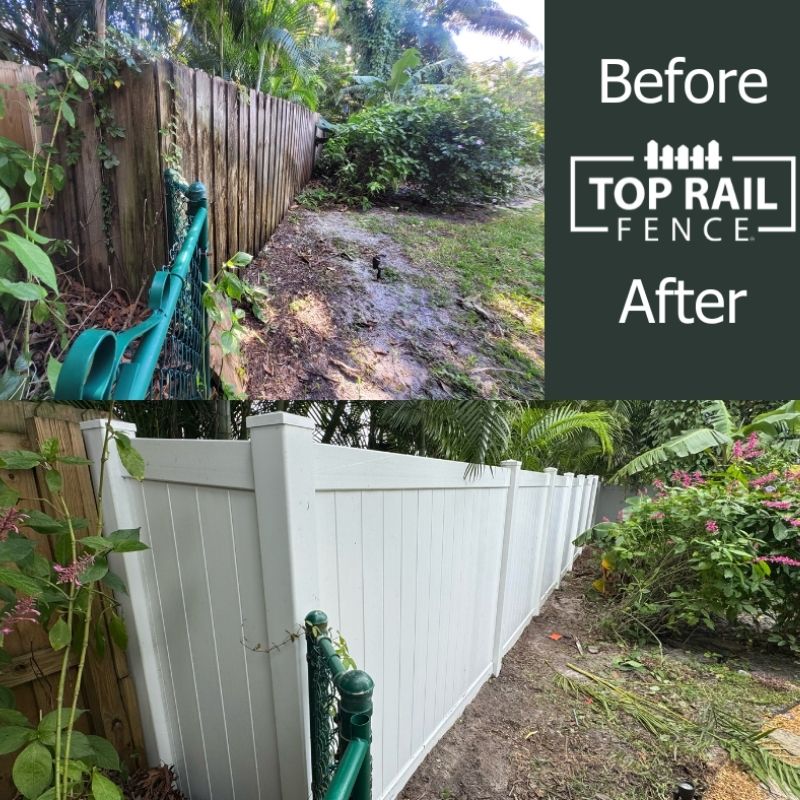 Before and after of a vinyl fence installation