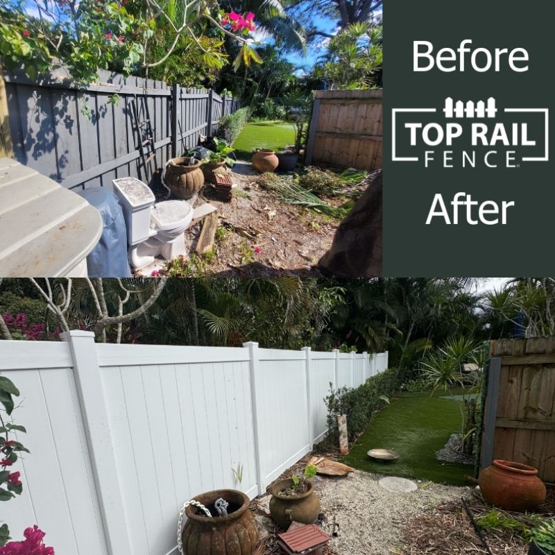 Before and after of a vinyl fence installation