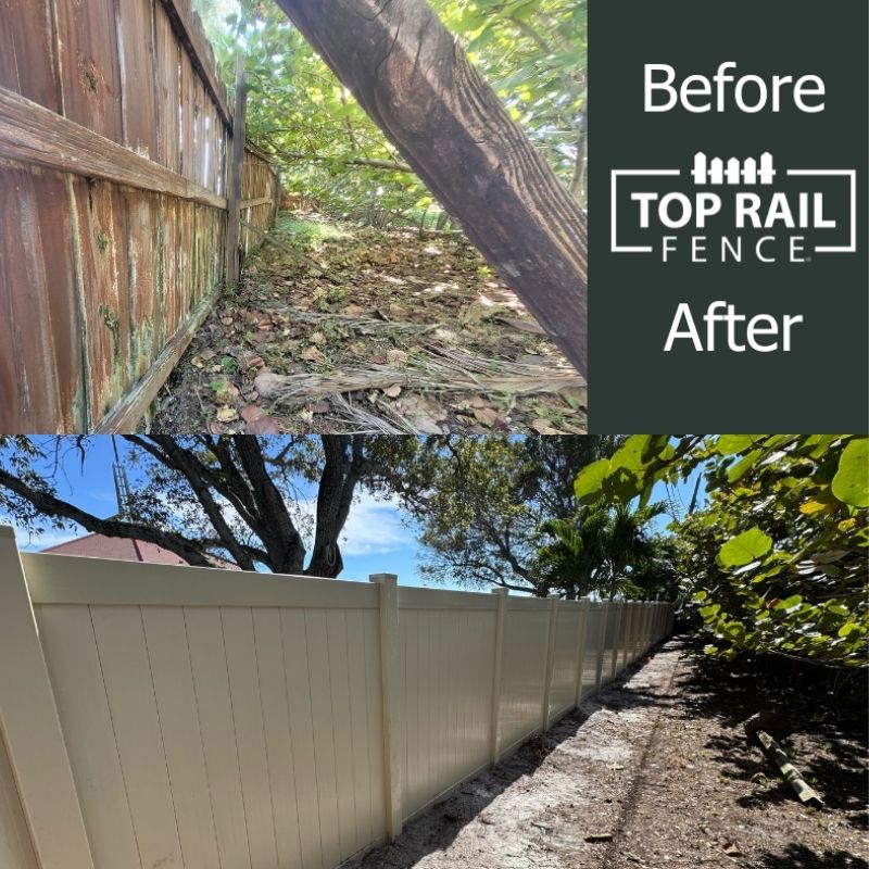 Before and after of a white vinyl fence installation