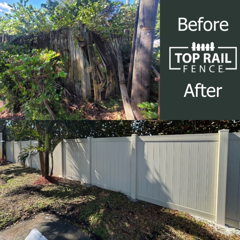 Before and after of a white vinyl fence installation