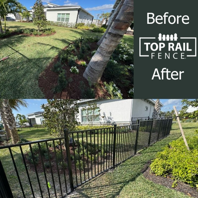 before and after of aluminum fence install by Top Rail Fence